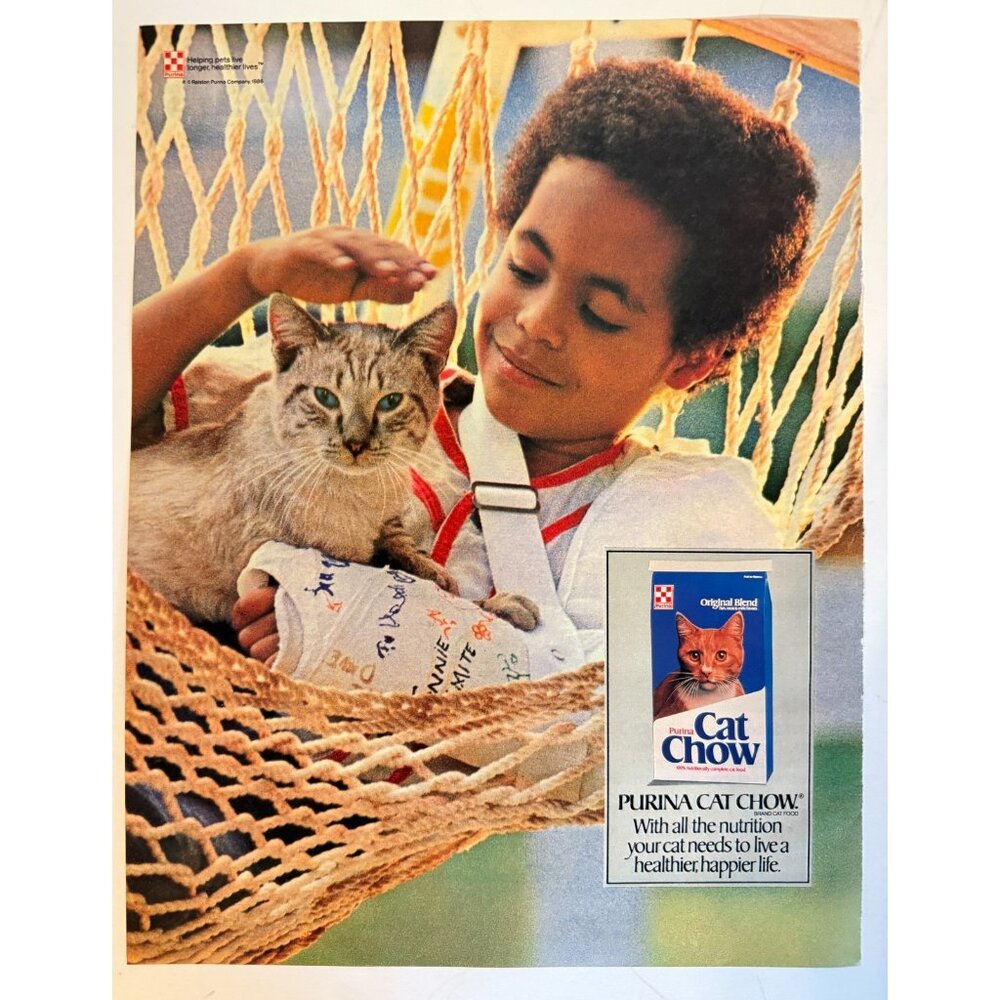 Vintage 1986 Purina Cat Chow Food Boy with Kitty Cat Advertisement Print Ad